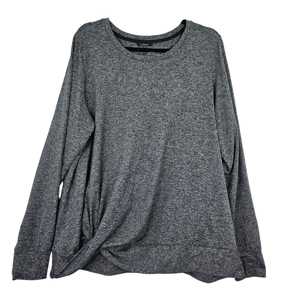 LL Bean Women's 1X Plus Heather Gray Space Dye Twist Front Thumbhole Active Top